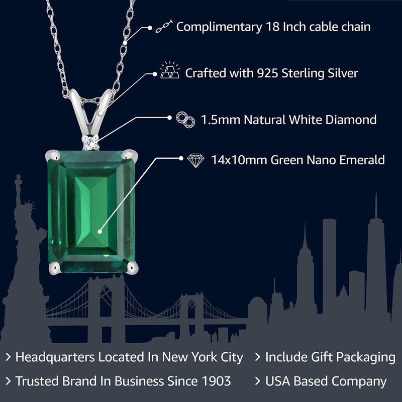 Gem Stone King 5-10 Cttw Gemstone Birthstone and Round Accent White Diamond Necklace | 14X10MM Emerald Cut | 925 Sterling Silver | Pendant Necklace for Women | With 18 Inch Silver Chain - Image 2